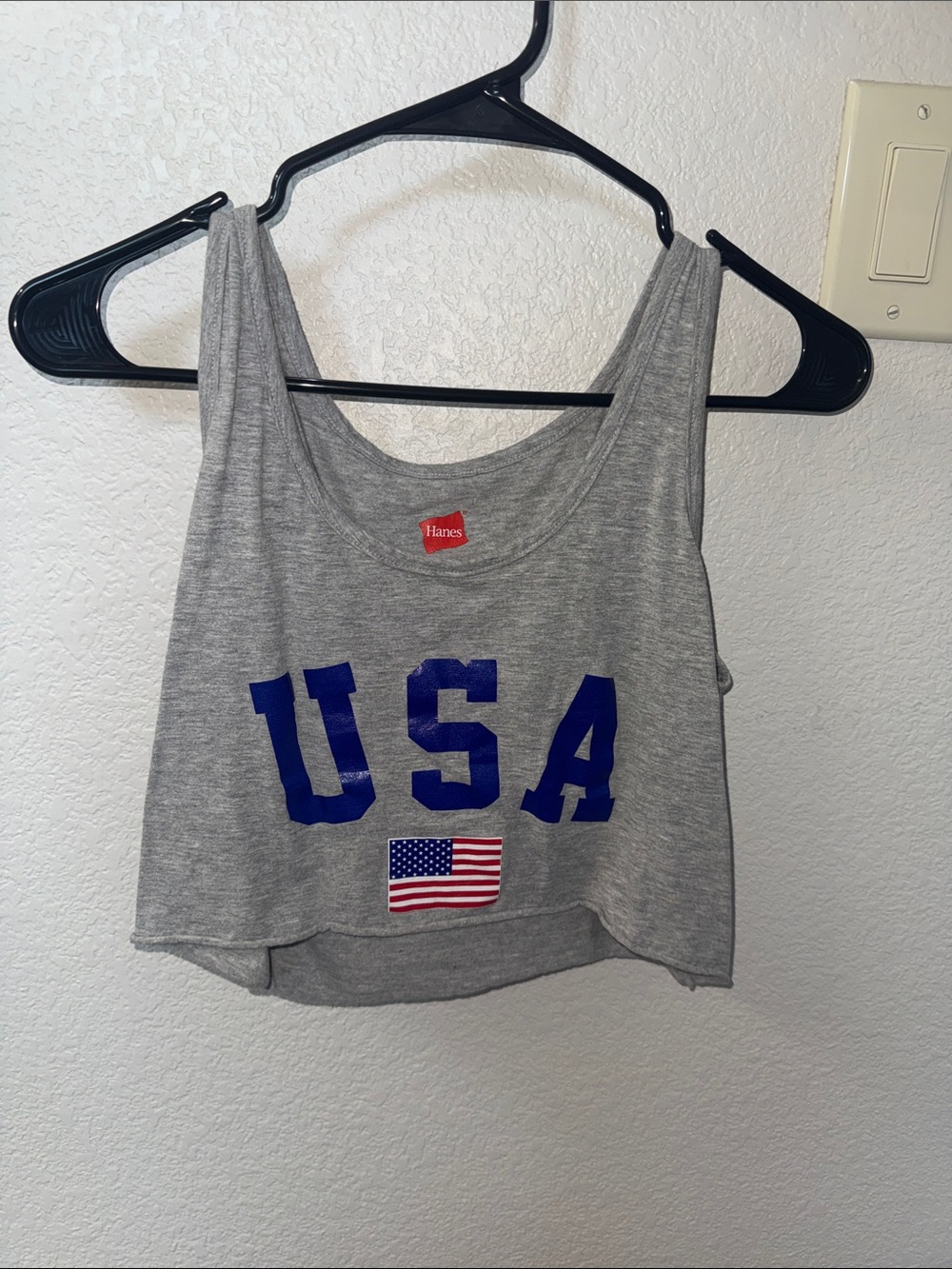 Hanes Gray Crop Tank Top with Blue USA and American Flag